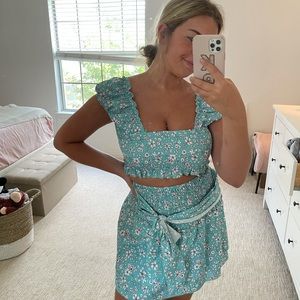 Teal crop and skirt set